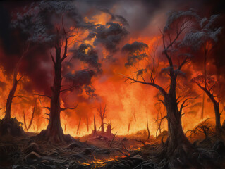 fiery forest landscape, vivid burning trees illustration, ecological catastrophe, generative AI
