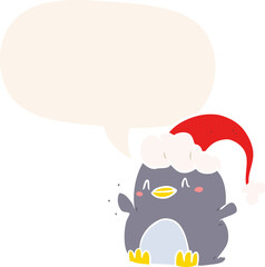 cartoon penguin wearing christmas hat and speech bubble in retro style