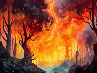 forest fire vivid illustration, flames and smoke, environmental disaster, generative AI