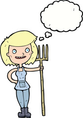 cartoon happy farmer girl with thought bubble