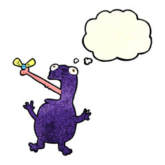 cartoon poisonous frog catching fly with thought bubble