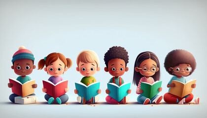 Fototapeta premium Sharing the joy of reading: a group of kids engrossed in a book on the floor. Generative AI