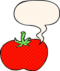 cartoon tomato and speech bubble in comic book style