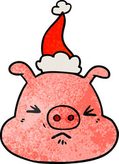 textured cartoon of a angry pig face wearing santa hat