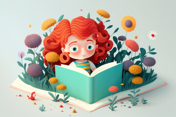 A red hair girl read in the garden on a light background. Generative AI