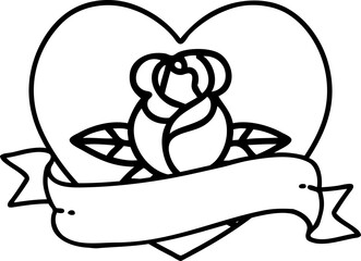 black line tattoo of a heart rose and banner