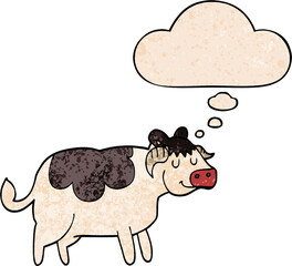 cartoon cow and thought bubble in grunge texture pattern style