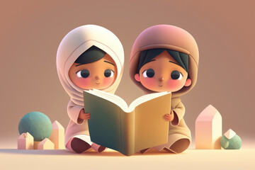 Two muslim kids reading and learning on a light background. Generative AI