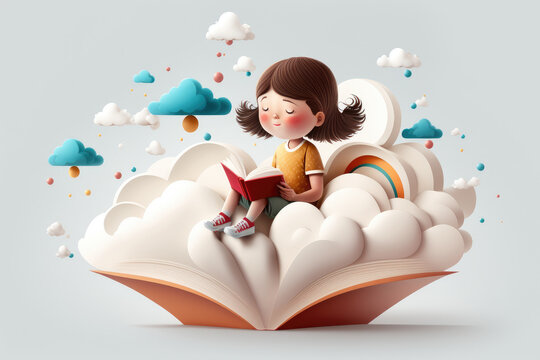 A peaceful image of a kid reading on a giant white cloud like a book on a light background. Generative AI