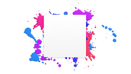 Fototapeta na wymiar Colorful fluid abstract background with splattered ink blotches. watercolor and paintbrush drops and splashes in blue, pink and purple. With white square frame for logos, banners and decoration