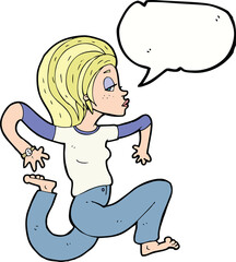 cartoon woman running with speech bubble