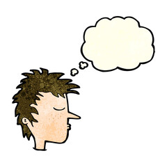 cartoon male face with thought bubble