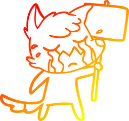 warm gradient line drawing crying fox cartoon with placard