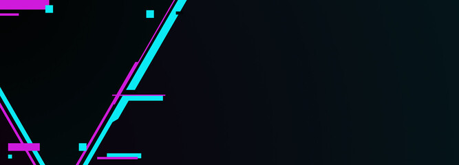 Abstract geometrical neon purple violet cyber glitch metaverse digital web 3 tech horizontal banner design template blank with place for text . Geometrical sci fi shapes