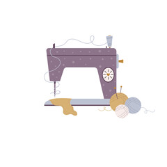 Vector illustration of sewing machine and balls of yarn in a modern flat style