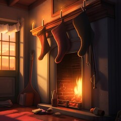 illustration of a socks hanging drying by the fireplace