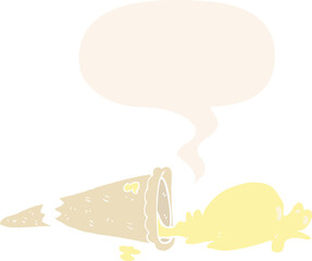 cartoon dropped ice cream and speech bubble in retro style