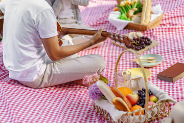 Picnic Lunch Meal Outdoors Park with food picnic basket. enjoying picnic time in park nature outdoor