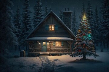 A Cozy Holiday Home: Beautiful Rural Bungalow with Wooden Windows and a Decorated Frosty Pine Christmas Tree at Night: Generative AI