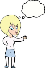cartoon woman making welcome gesture with thought bubble