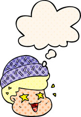 cartoon boy wearing hat and thought bubble in comic book style