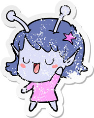 distressed sticker of a happy alien girl cartoon