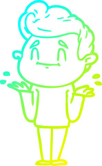 cold gradient line drawing happy cartoon man shrugging