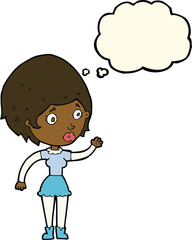 cartoon woman waving with thought bubble