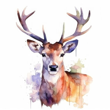 Beautiful watercolor deer. AI generative.