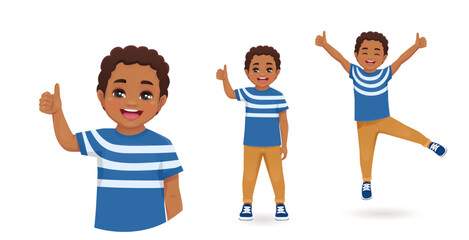 Smiling African little boy showing thumb up standing and jumping isolated on white background vector illustration © Volha Hlinskaya