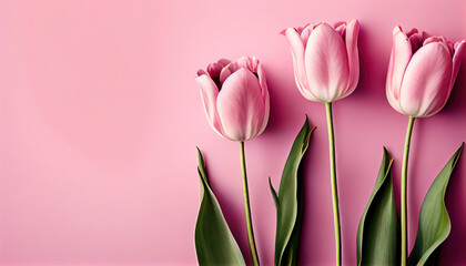 Two pink tulips on a pink background. AI generated
