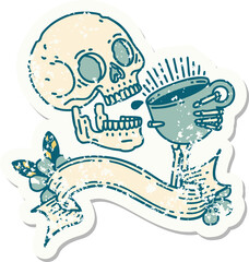 grunge sticker with banner of a skull drinking coffee