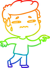 rainbow gradient line drawing cartoon anxious man pointing