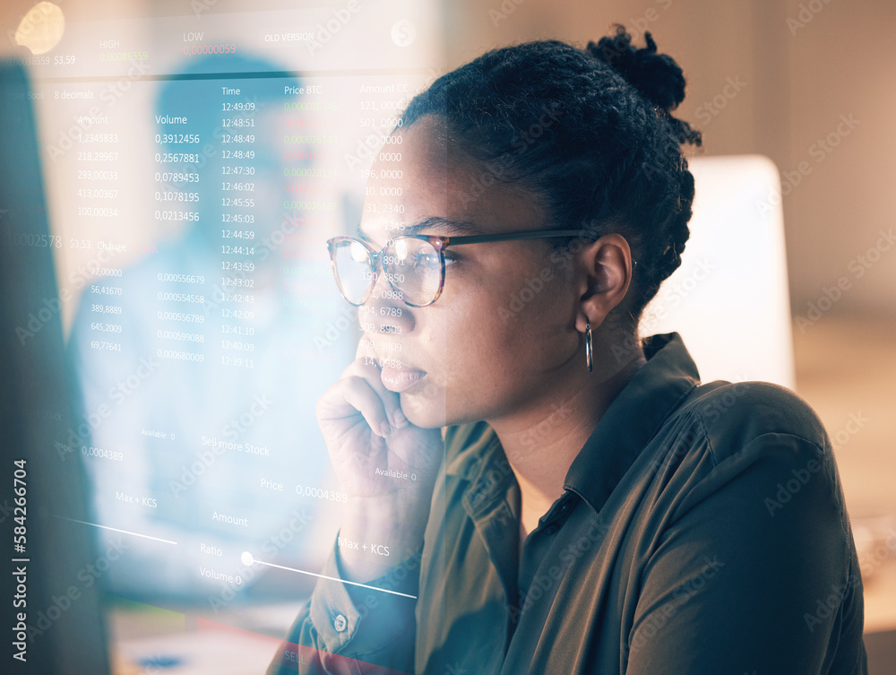 Aufkleber Overlay, programming and coding with a black woman developer thinking while working on a ux, ai or 3d interface. Computer, software and data with a female employee or programmer reading code at work