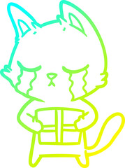 cold gradient line drawing crying cartoon cat holding christmas present