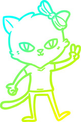 cold gradient line drawing cute cartoon cat girl giving peace sign