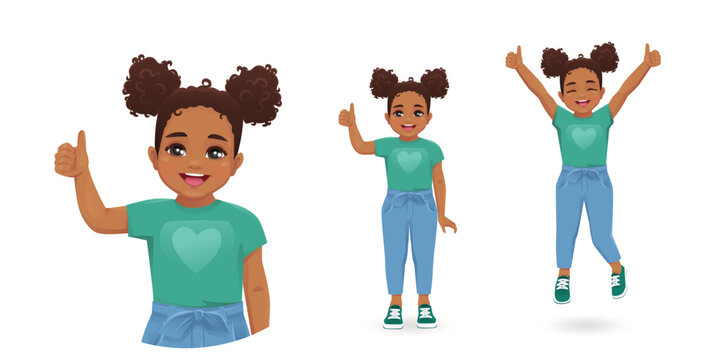 Smiling African cute little girl showing thumb up standing and jumping isolated on white background vector illustration