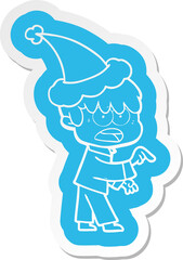 worried cartoon  sticker of a boy wearing santa hat