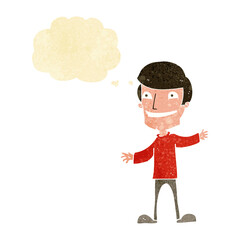 cartoon grinning man with thought bubble