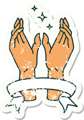 grunge sticker with banner of mystic hands