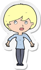 sticker of a cartoon woman shrugging shoulders