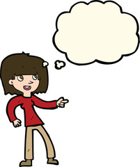 cartoon girl pointing with thought bubble