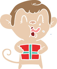 crazy flat color style cartoon monkey with christmas present