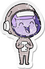 distressed sticker of a happy cartoon astronaut