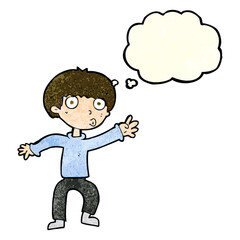 cartoon boy waving warning with thought bubble