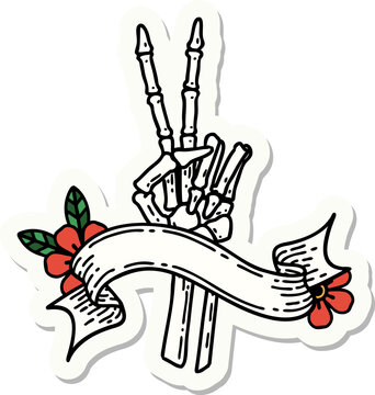 tattoo sticker with banner of a skeleton hand giving a peace sign