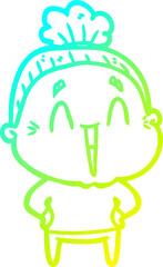 cold gradient line drawing cartoon happy old lady