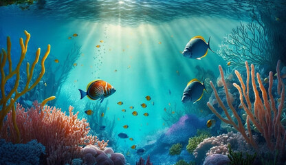 sea, ocean, Underwater Scene, fish in aquarium, sea artwork, Tropical Seabed, generated with AI tool