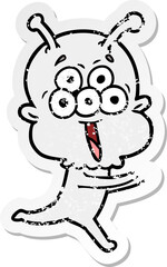 distressed sticker of a happy cartoon alien running