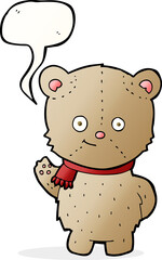 cartoon waving teddy bear with speech bubble